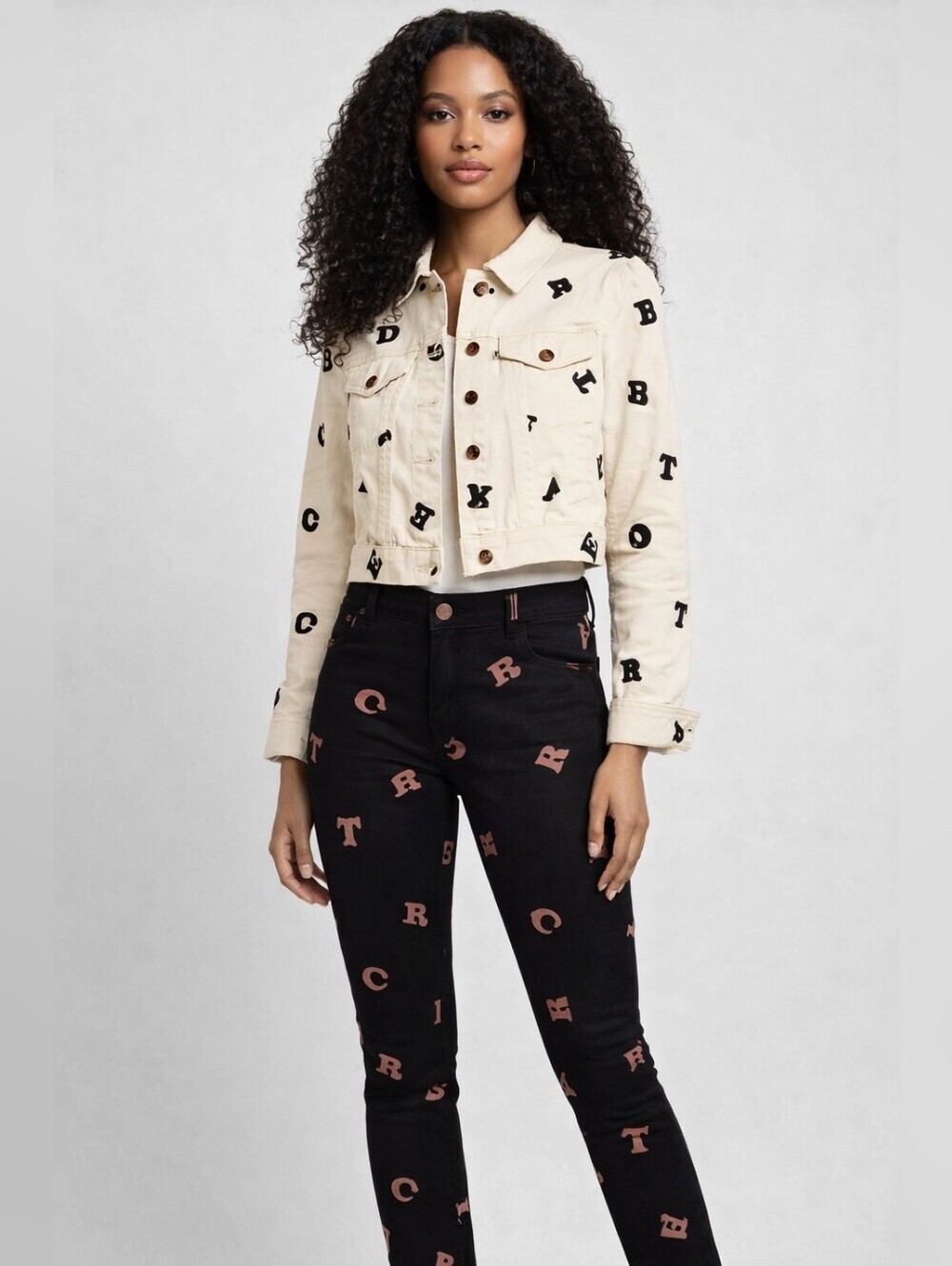Alphabet Print Denim Cropped Jacket & Reversible Black Jeans